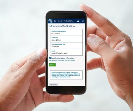 stlcc mobile app vax incentive screen capture, with hands holding smart phone
