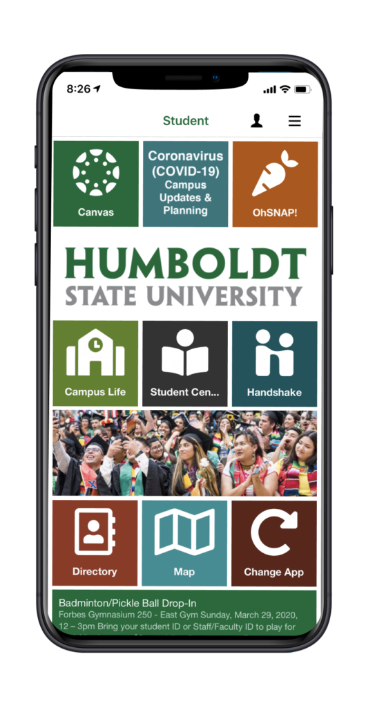 Img displaying mobile screen view of App UI. Humboldt State University student dash view best desktop exp App21 winner